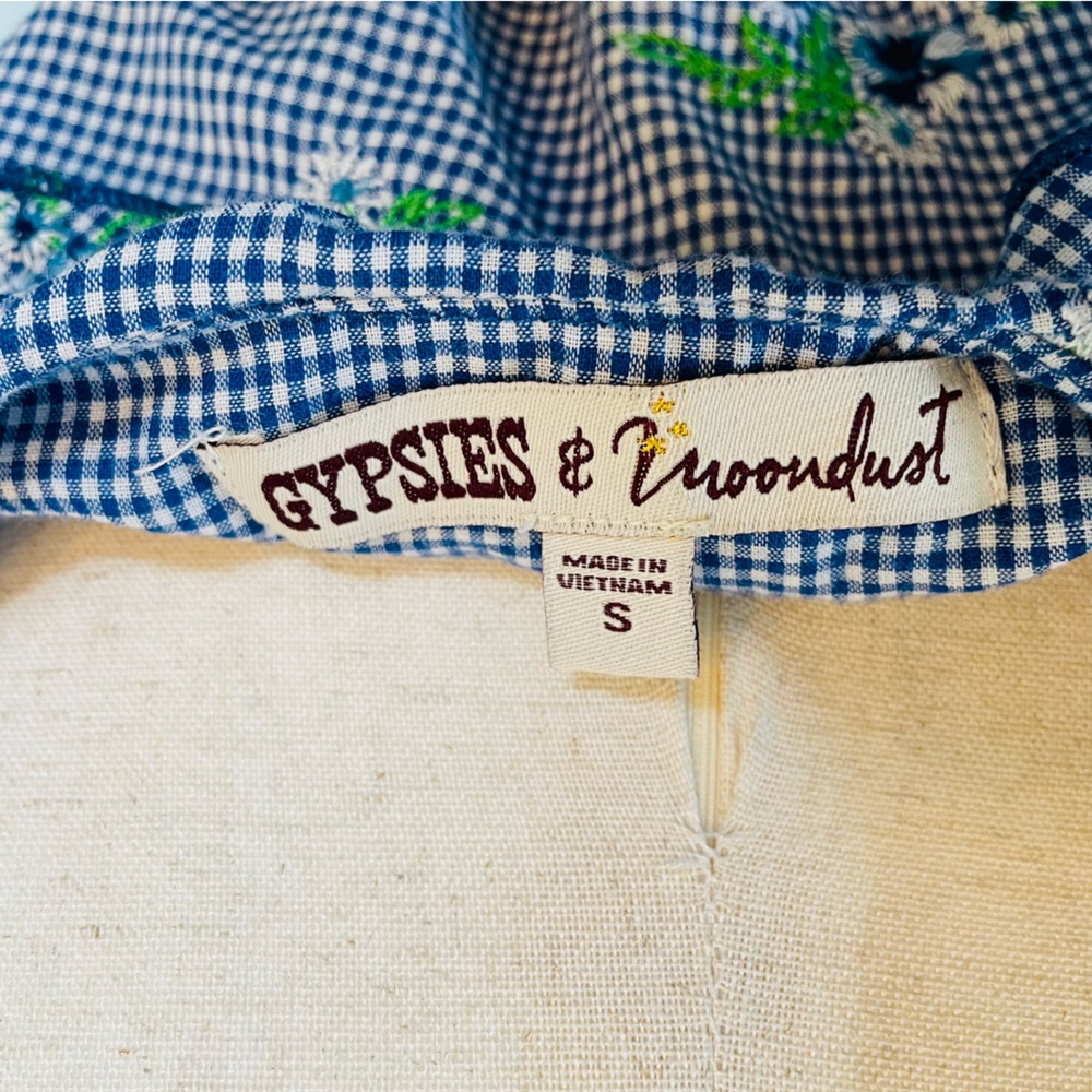 Gypsies & Moondust Blue White Gingham Floral Embroidered Off Shoulder | Small - Picture 5 of 6